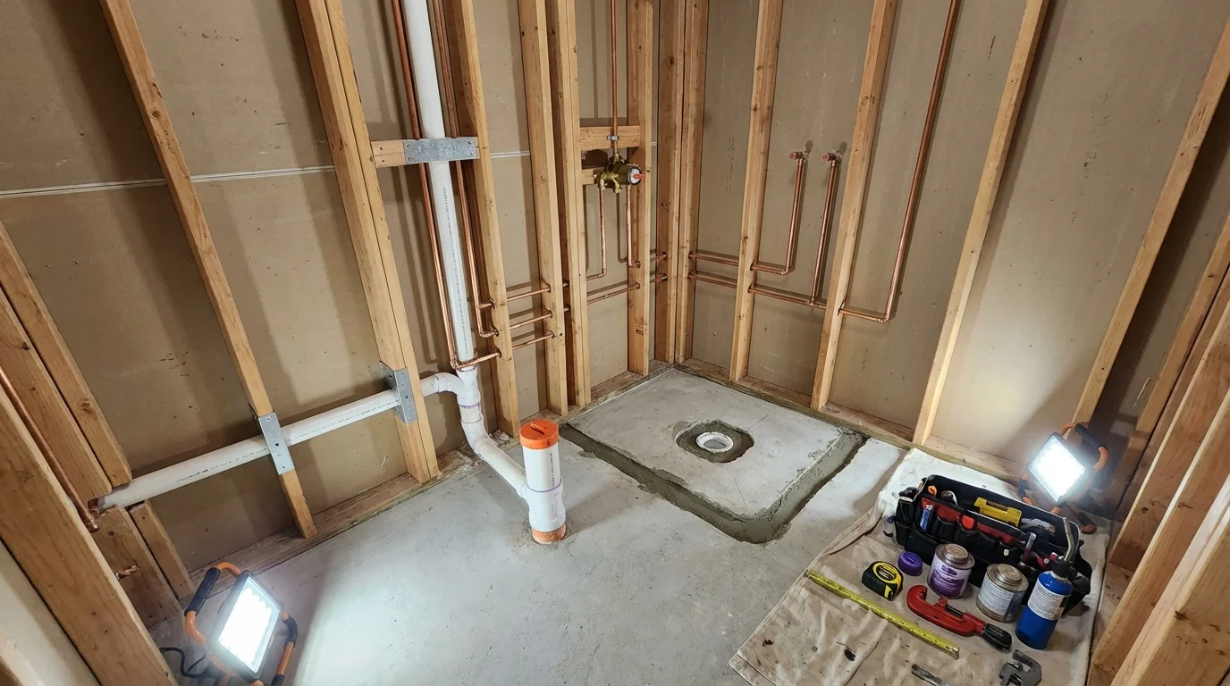 Bathroom rough-in plumbing during remodel by Johns Plumbing LLC in Madera