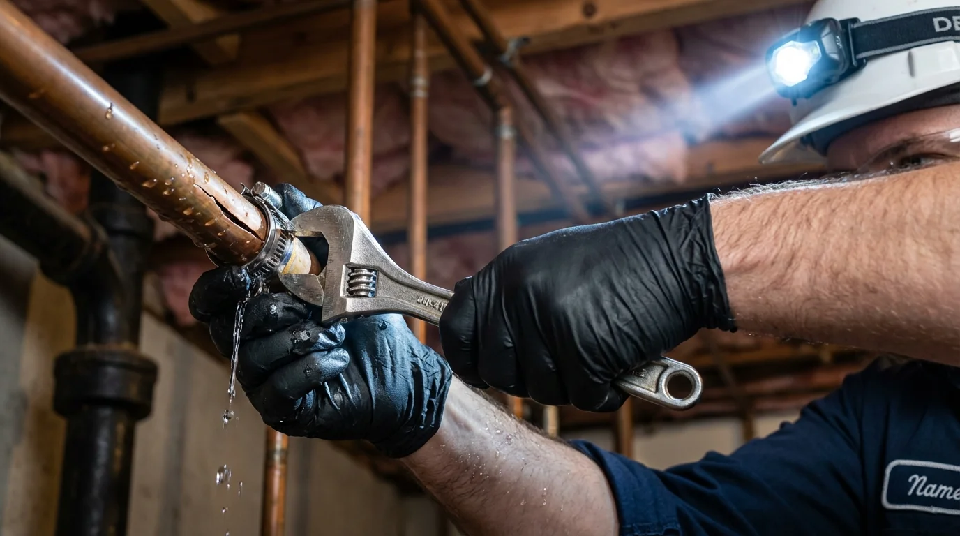 Emergency pipe clamp repair being performed by a Johns Plumbing LLC plumber in Madera