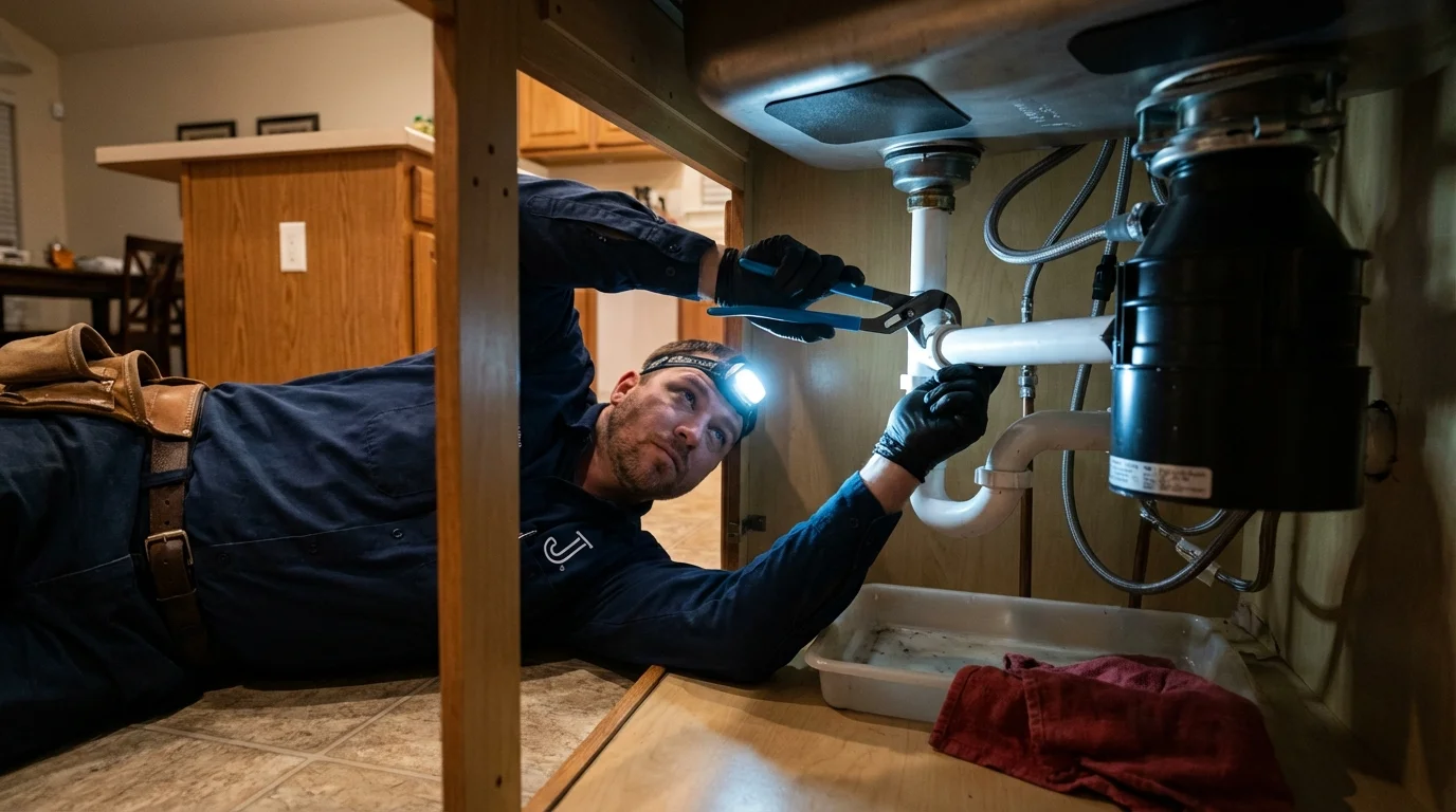 P-trap and supply line connections under a kitchen sink showing a common leak point in Madera, CA